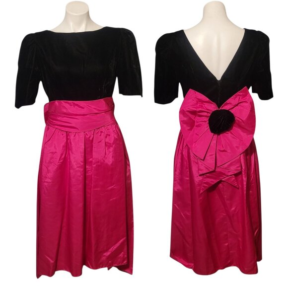 Vintage Prom Formal Dress Black Velvet Pink Taffeta Skirt Big Bow 14 Petite - Picture 1 of 8